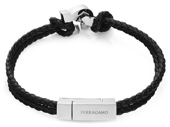 Salvatore Ferragamo Gancini Interwound Braid Small Black Leather Bracelet - view 3