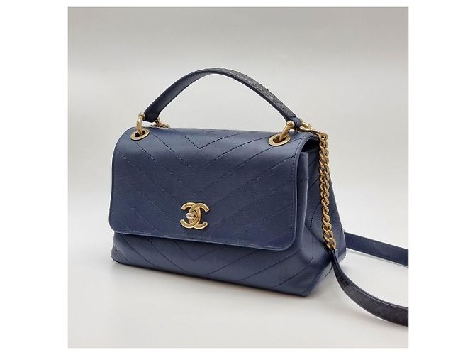 Chanel Chevron Python Schultertasche mit Klappe und Henkel in Navy Blau - Ansicht 6