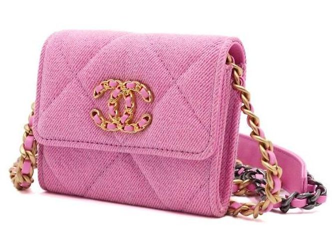 Chanel Bolso bandolera con cadena cartera mini con solapa en denim rosa - vista 2