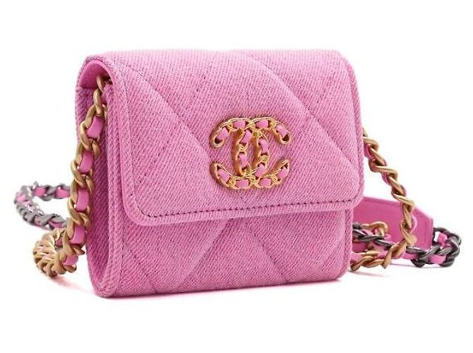 Chanel Bolso bandolera con cadena cartera mini con solapa en denim rosa - vista 3