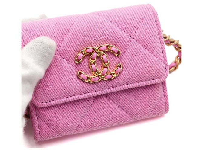 Chanel Bolso bandolera con cadena cartera mini con solapa en denim rosa - vista 4