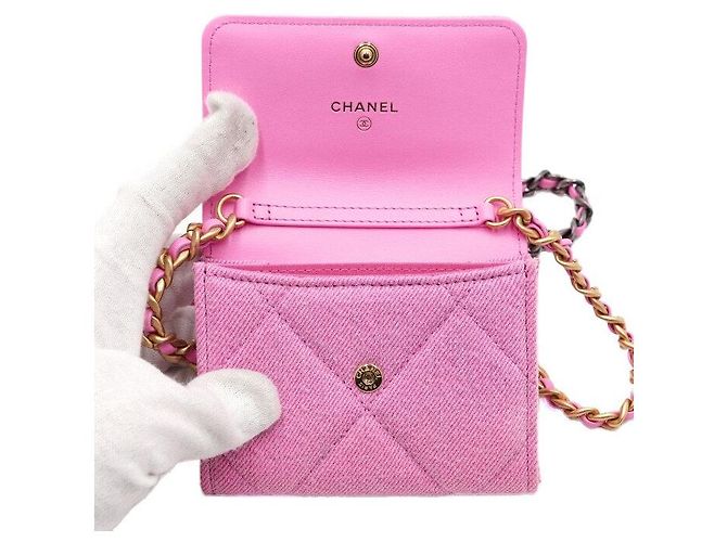 Chanel Bolso bandolera con cadena cartera mini con solapa en denim rosa - vista 6