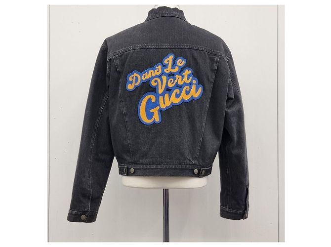 Gucci Giacca in denim nero lavato con patch a scritte Multicolore - vista 8