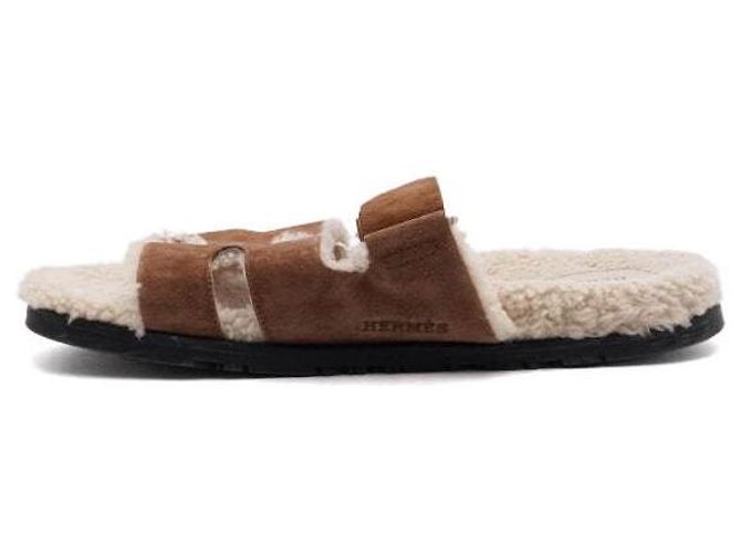 Hermès Sandali da uomo in camoscio Brown Craft Ecru con logo e shearling Marrone - vista 4