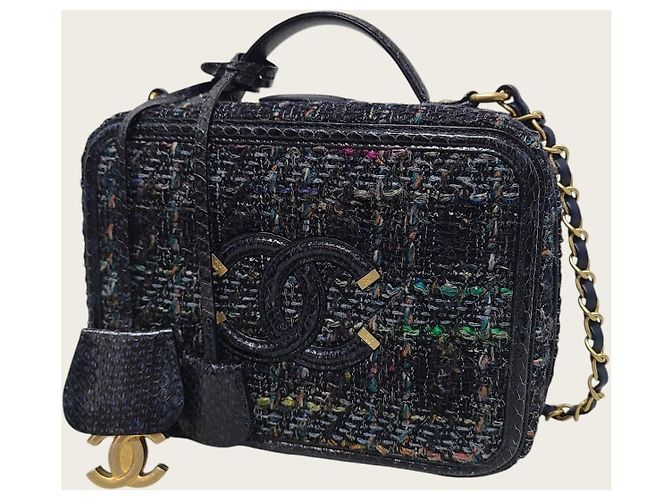 Chanel Vanity Medium Kosmetiktasche aus marineblauem Tweed und Pythonleder mit Tragegriff - Ansicht 2