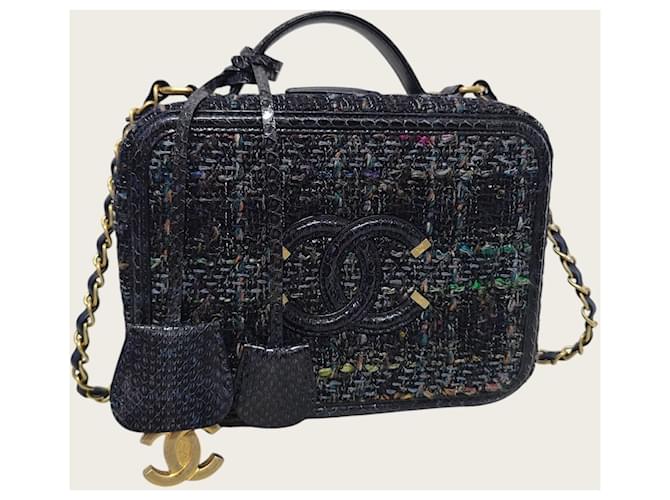 Chanel Vanity Medium Kosmetiktasche aus marineblauem Tweed und Pythonleder mit Tragegriff - Ansicht 3