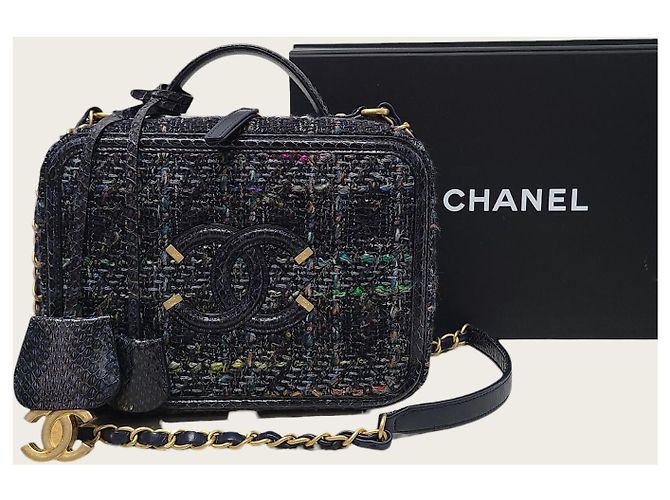 Chanel Vanity Medium Kosmetiktasche aus marineblauem Tweed und Pythonleder mit Tragegriff - Ansicht 7