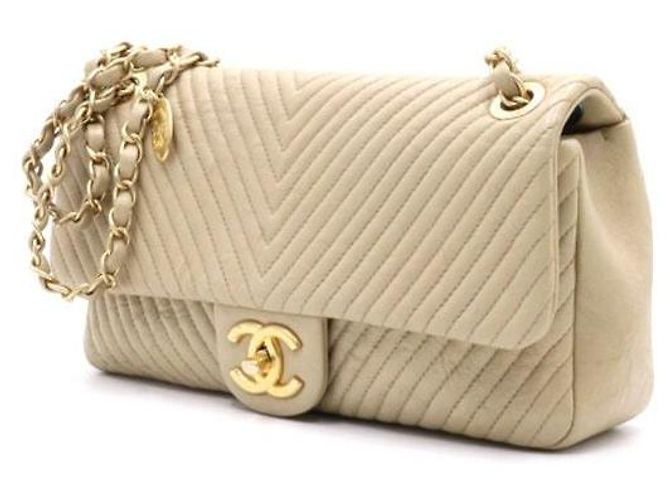 Chanel Bolsa de ombro CC com corrente dourada em couro de bezerro bege chevron Marrom - vista 2