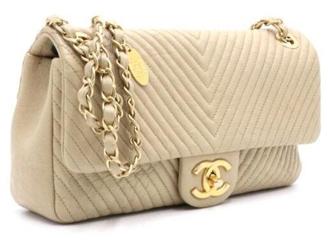 Chanel Bolsa de ombro CC com corrente dourada em couro de bezerro bege chevron Marrom - vista 3
