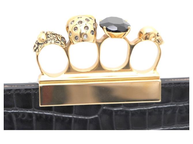 Alexander Mcqueen Clutch con motivo coccodrillo e manico dorato Nero - vista 12