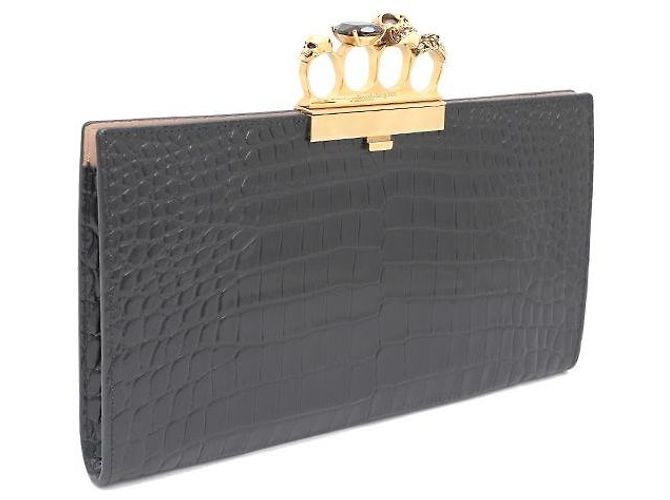 Alexander Mcqueen Clutch con motivo coccodrillo e manico dorato Nero - vista 2