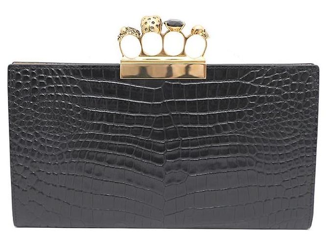 Alexander Mcqueen Clutch con motivo coccodrillo e manico dorato Nero - vista 3