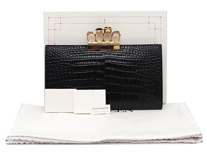 Alexander Mcqueen Clutch con motivo coccodrillo e manico dorato Nero - vista 8
