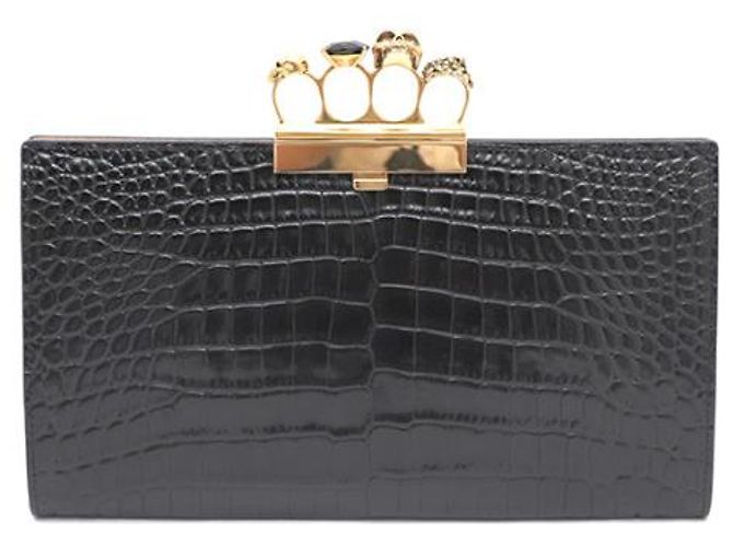Alexander Mcqueen Clutch con motivo coccodrillo e manico dorato Nero - vista 9