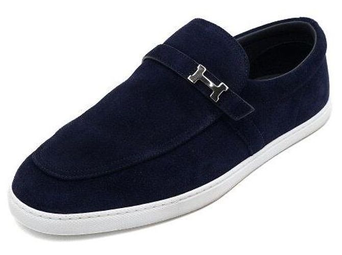 Hermès Mocassini da uomo in camoscio Marine con logo argento Blu - vista 2