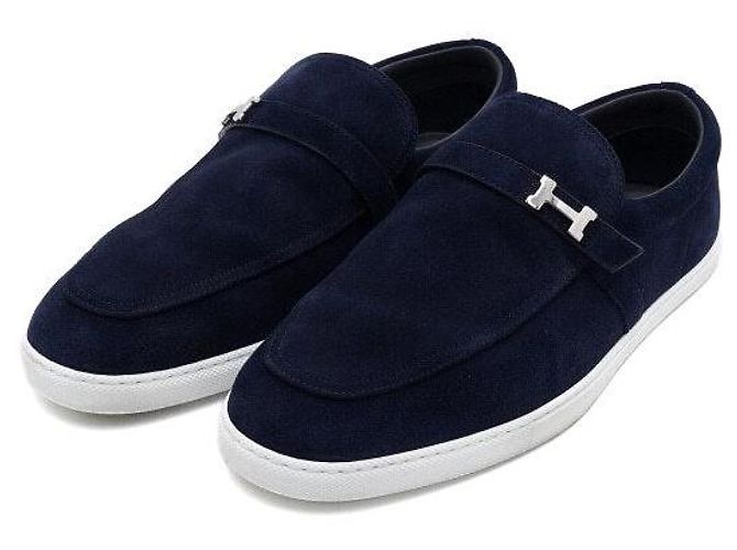 Hermès Mocassini da uomo in camoscio Marine con logo argento Blu - vista 3