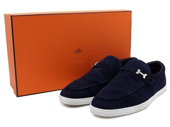 Hermès Mocassini da uomo in camoscio Marine con logo argento Blu - vista 8