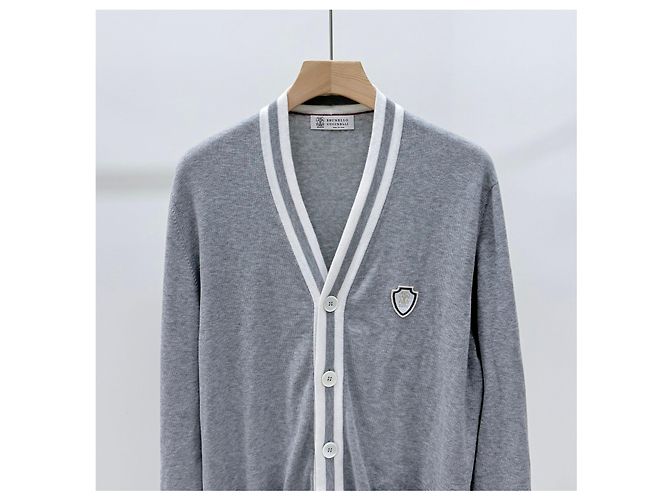 Brunello Cucinelli Cardigan in cotone con logo Grigio XL Marrone - vista 3