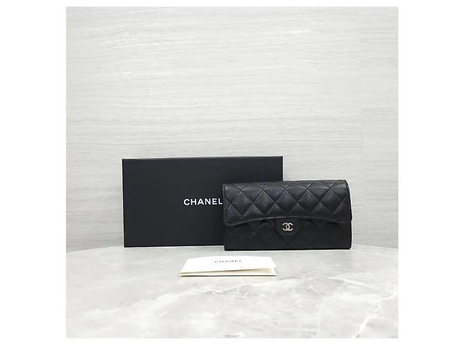Chanel Cartera larga Classic Flap con botón a presión Caviar Black Silver Hardware - vista 9