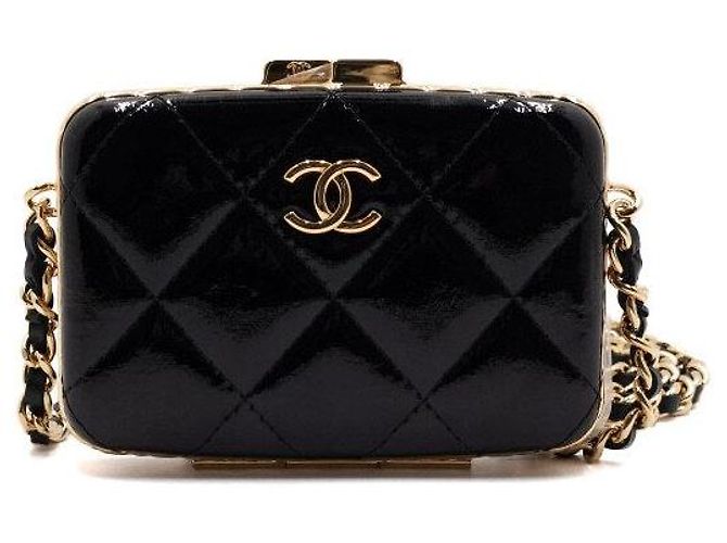 Chanel Mini borsa box da sera in pelle di capra verniciata nera con catena dorata Nero - vista 2