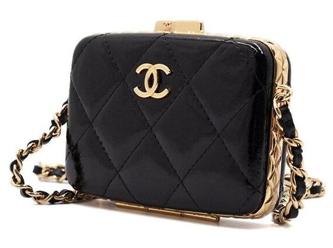 Chanel Mini borsa box da sera in pelle di capra verniciata nera con catena dorata Nero - vista 3