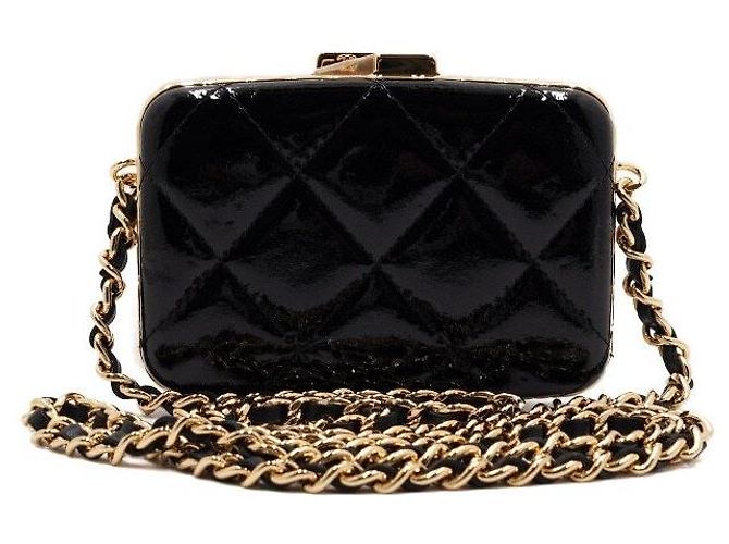 Chanel Mini borsa box da sera in pelle di capra verniciata nera con catena dorata Nero - vista 5