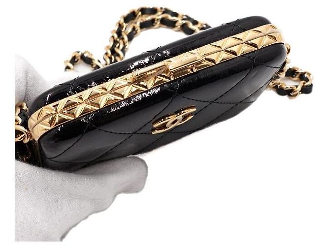 Chanel Mini borsa box da sera in pelle di capra verniciata nera con catena dorata Nero - vista 8