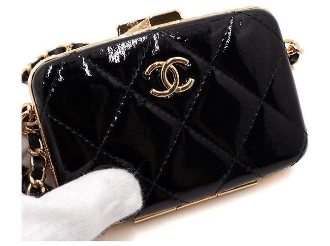 Chanel Mini borsa box da sera in pelle di capra verniciata nera con catena dorata Nero - vista 9