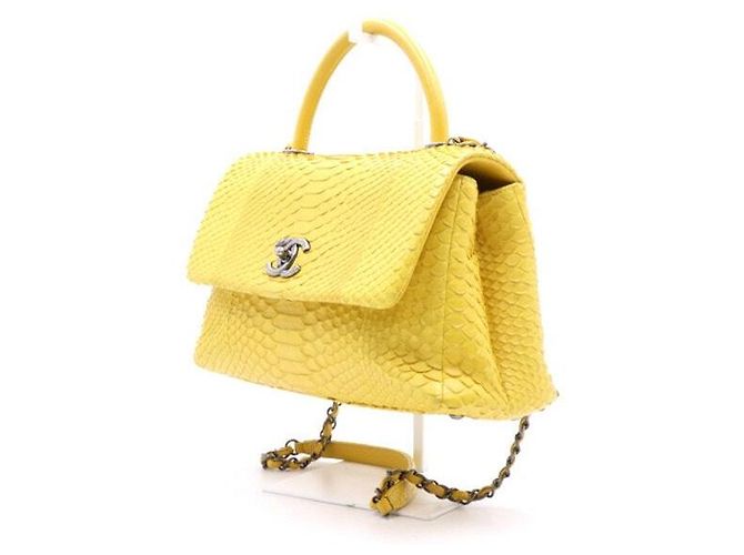 Chanel Python Coco Handle Vintage Silver Medium Tote Bag with Chain Shoulder Bag Yellow - view 2