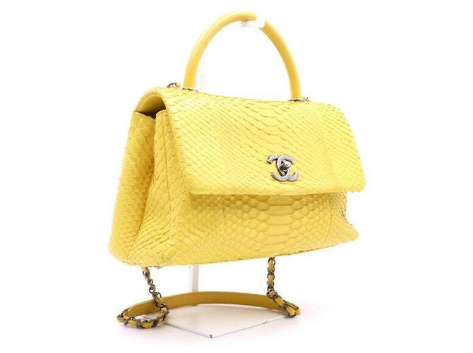 Chanel Python Coco Handle Vintage Silver Medium Tote Bag with Chain Shoulder Bag Yellow - view 3