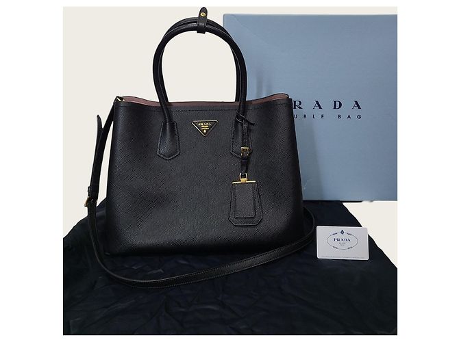 Prada Black Saffiano Gold-Plated Quilted Double Large Nero - vista 7