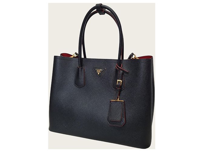 Prada Borsa a spalla double tote Medium in Saffiano nero e oro - vista 2