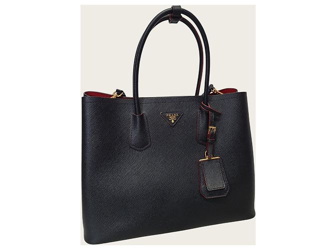 Prada Borsa a spalla double tote Medium in Saffiano nero e oro - vista 3