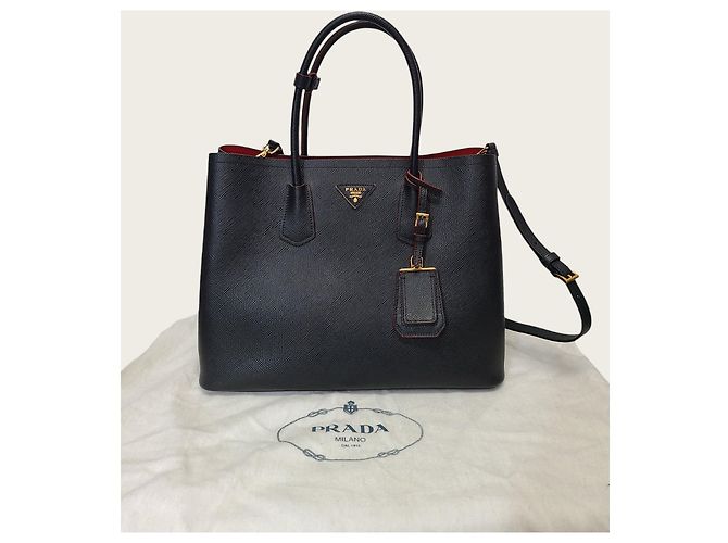Prada Borsa a spalla double tote Medium in Saffiano nero e oro - vista 7