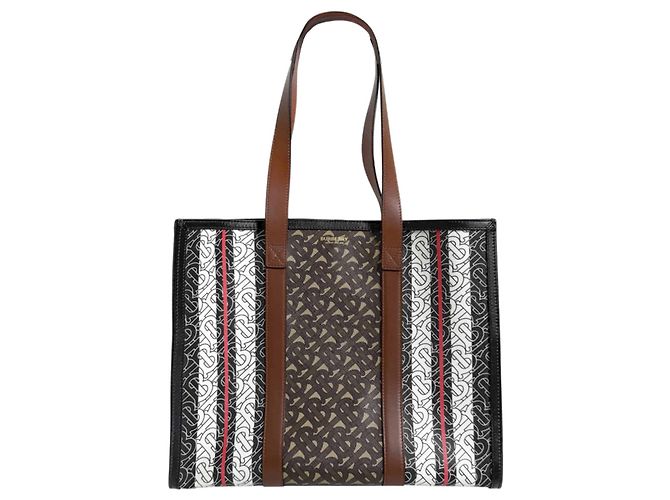 Burberry Borsa Shopper in Tela e Pelle Monogram TB Stripe Marrone - vista 2