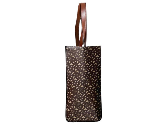 Burberry Borsa Shopper in Tela e Pelle Monogram TB Stripe Marrone - vista 4