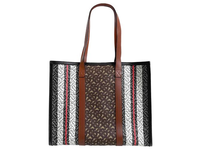 Burberry Borsa Shopper in Tela e Pelle Monogram TB Stripe Marrone - vista 5