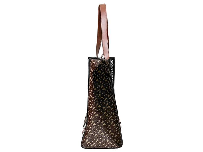 Burberry Borsa Shopper in Tela e Pelle Monogram TB Stripe Marrone - vista 6