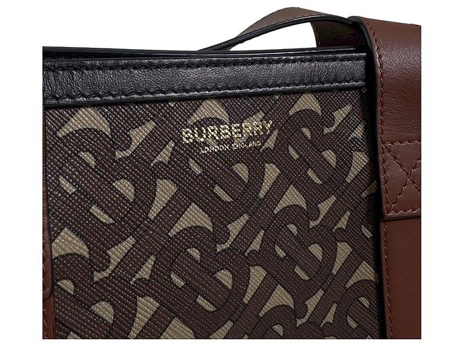 Burberry Borsa Shopper in Tela e Pelle Monogram TB Stripe Marrone - vista 8