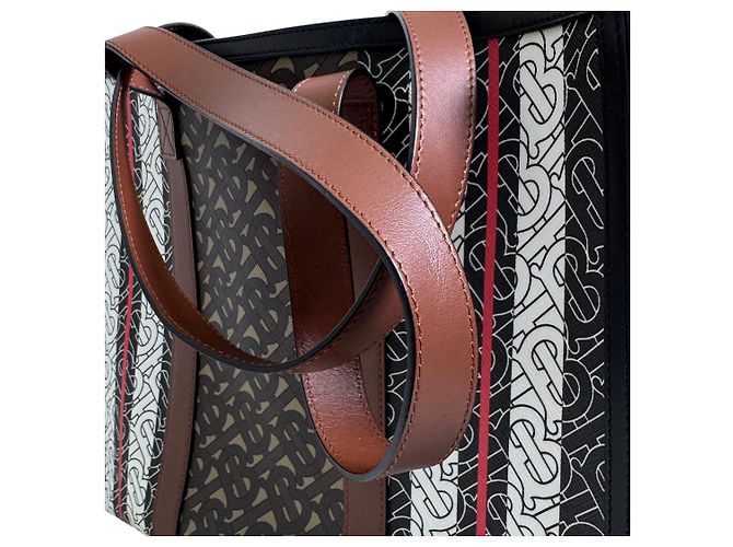 Burberry Borsa Shopper in Tela e Pelle Monogram TB Stripe Marrone - vista 9