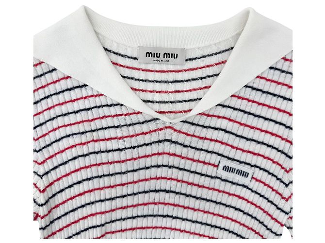 Miu Miu Vestido midi de punto a rayas de algodón para mujer Blanco - vista 10