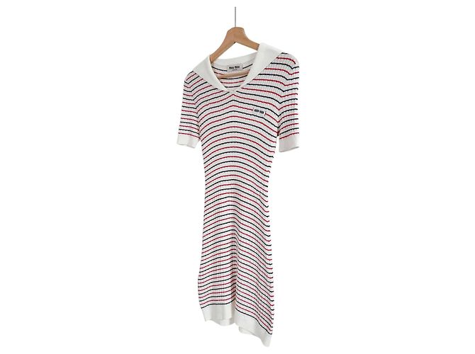 Miu Miu Vestido midi de punto a rayas de algodón para mujer Blanco - vista 2