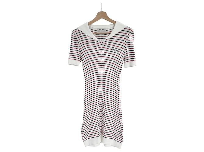 Miu Miu Vestido midi de punto a rayas de algodón para mujer Blanco - vista 4