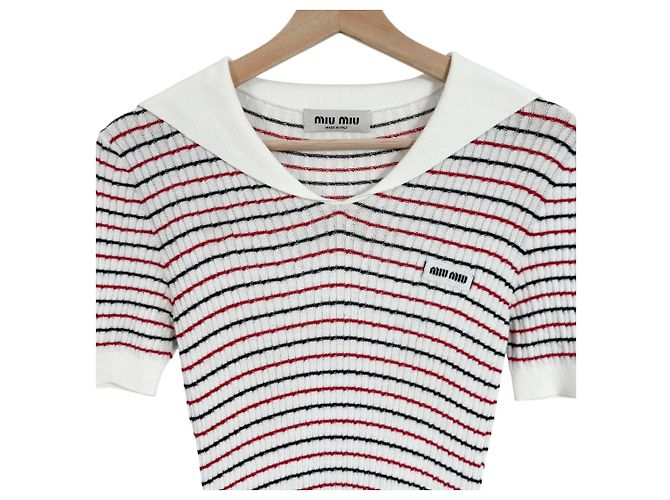 Miu Miu Vestido midi de punto a rayas de algodón para mujer Blanco - vista 6