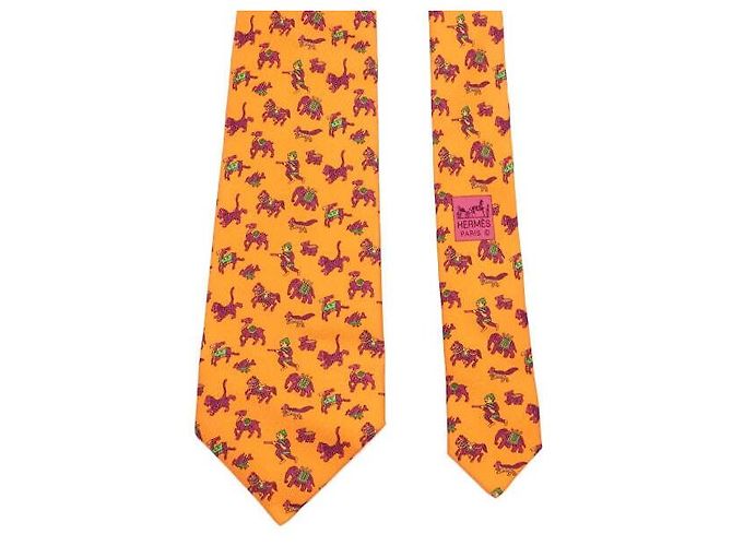 Hermès Orange Silk Elephant Tie Animal Pattern Neck Tie - view 3