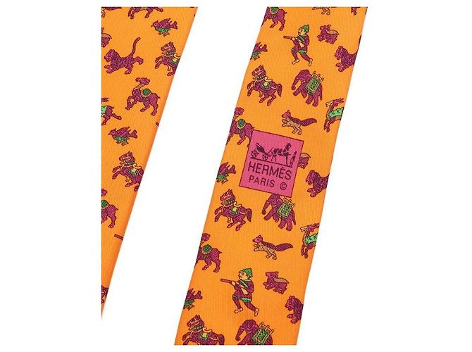 Hermès Orange Silk Elephant Tie Animal Pattern Neck Tie - view 4