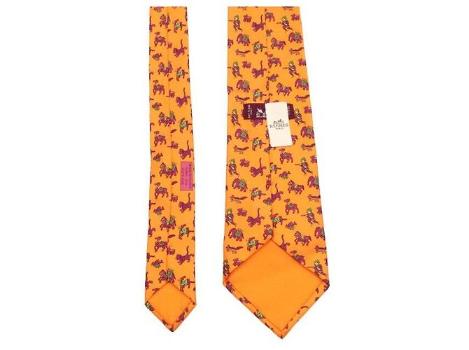 Hermès Orange Silk Elephant Tie Animal Pattern Neck Tie - view 5