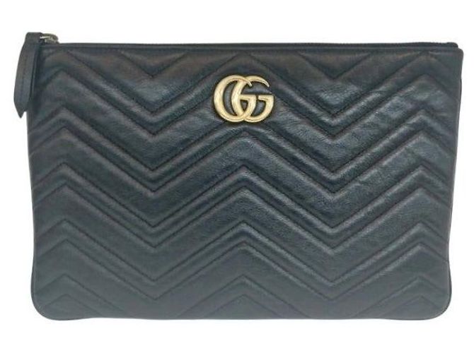 Gucci Pouch in pelle nera con dettagli dorati Clutch Matelassé Nero - vista 2