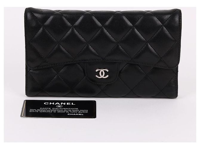 Chanel Classic Silver Hardware Lambskin Flap Long Wallet Black - view 11