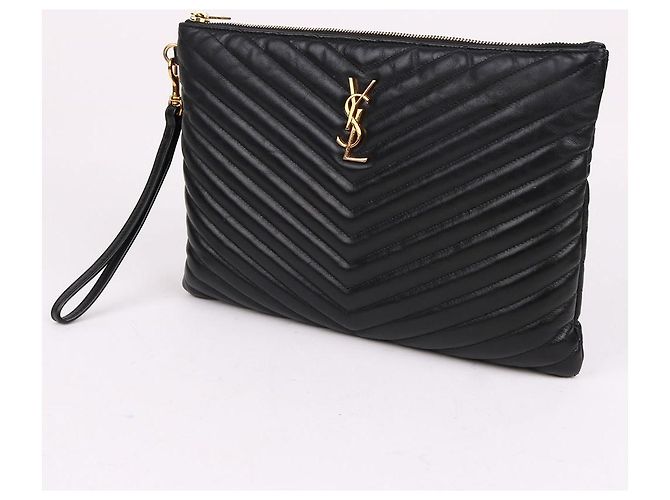 Saint Laurent Clutch Bag New Medium in chevron nero e metallo dorato - vista 3